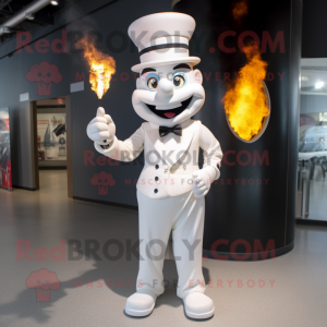 White Fire Eater mascot costume character dressed with a Suit Pants and Hats