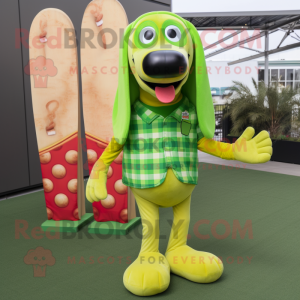 Lime Green Hot Dogs mascot costume character dressed with a Flannel Shirt and Rings