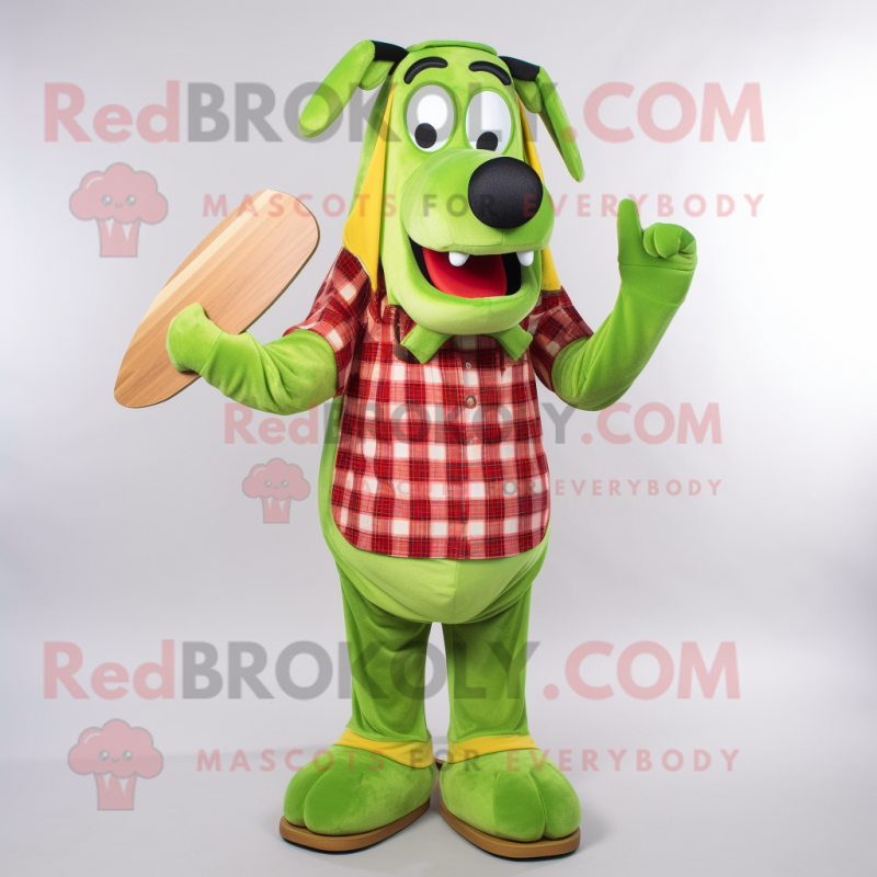 Lime Green Hot Dogs mascot costume character dressed with a Flannel Shirt and Rings Lime Green Hot Dogs mascot costume character dressed with a Flannel Shirt and Rings