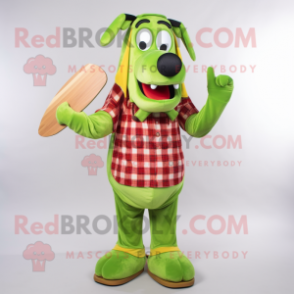 Lime Green Hot Dogs mascot costume character dressed with a Flannel Shirt and Rings