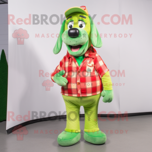 Lime Green Hot Dogs mascot costume character dressed with a Flannel Shirt and Rings