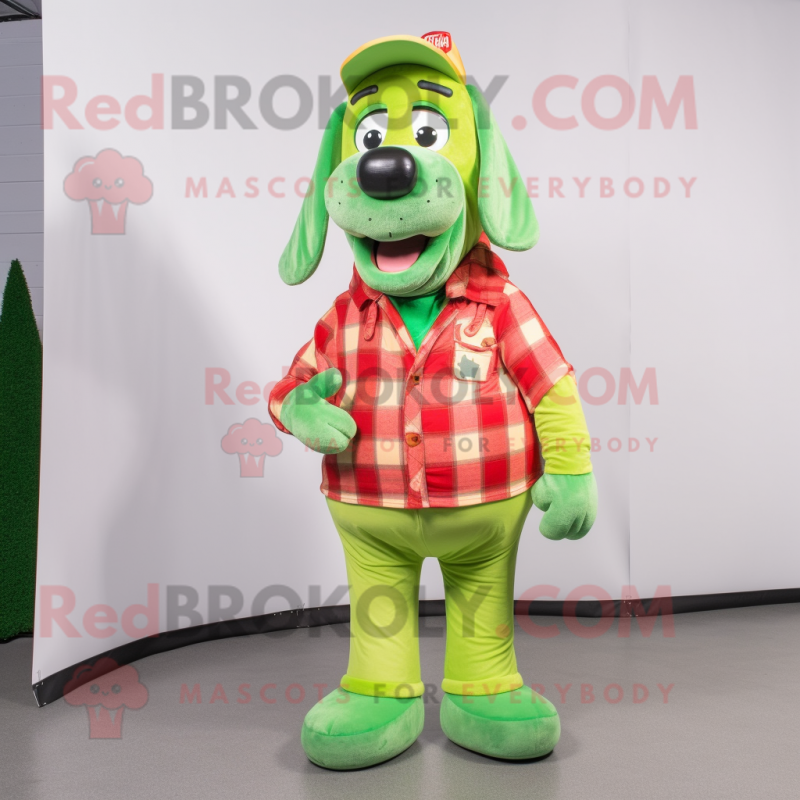 Lime Green Hot Dogs mascot costume character dressed with a Flannel Shirt and Rings Lime Green Hot Dogs mascot costume character dressed with a Flannel Shirt and Rings