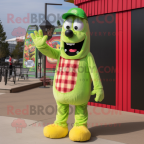 Lime Green Hot Dogs mascot costume character dressed with a Flannel Shirt and Rings