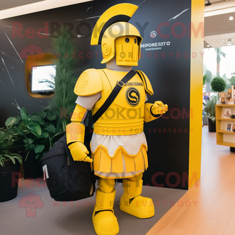 Yellow Spartan Soldier mascot costume character dressed with a Cardigan and Messenger bags