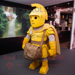 Yellow Spartan Soldier mascot costume character dressed with a Cardigan and Messenger bags