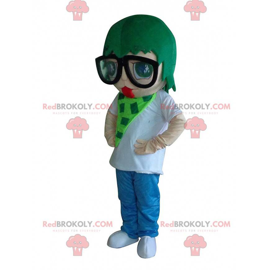 Donna mascotte con i capelli verdi, costume colorato -