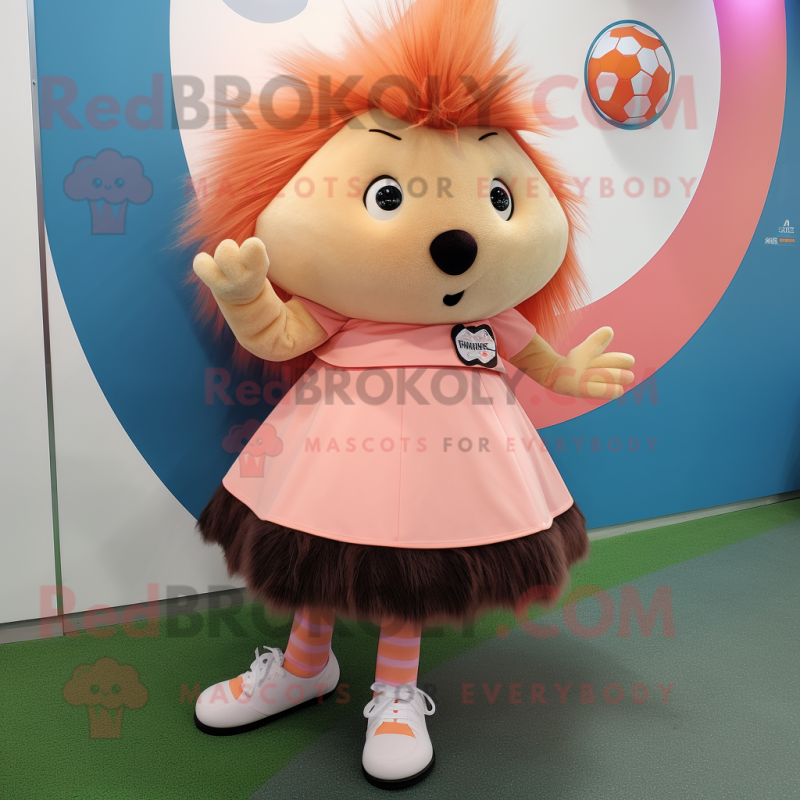 Peach Porcupine mascot costume character dressed with a Circle Skirt and Shoe laces