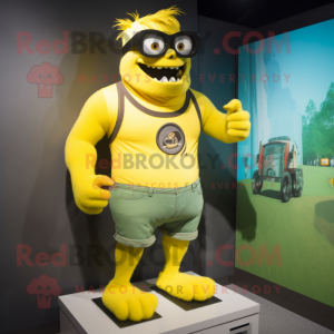 Yellow Frankenstein'S Monster mascot costume character dressed with a Tank Top and Eyeglasses