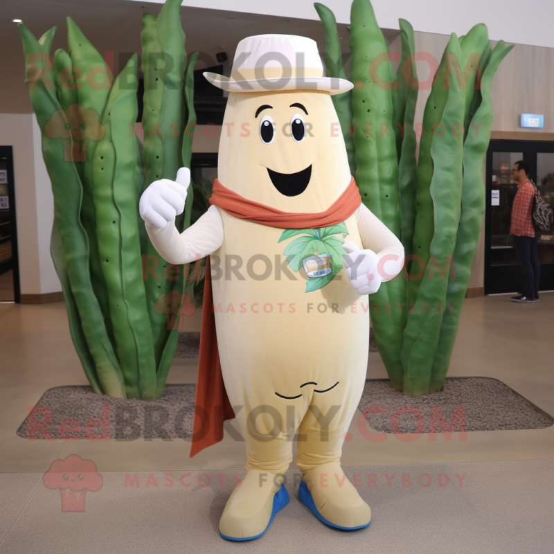 Beige Asparagus mascot costume character dressed with a Bootcut Jeans and Shawl pins Beige Asparagus mascot costume character dressed with a Bootcut Jeans and Shawl pins