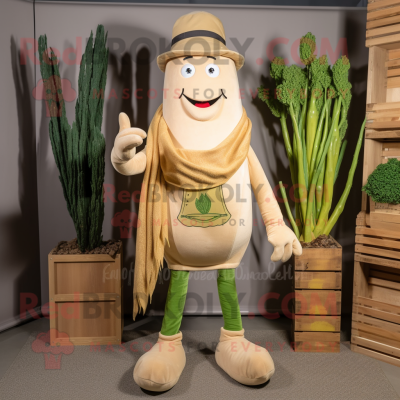 Beige Asparagus mascot costume character dressed with a Bootcut Jeans and Shawl pins