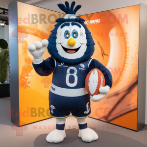 Navy Squash mascot costume character dressed with a Rugby Shirt and Scarves