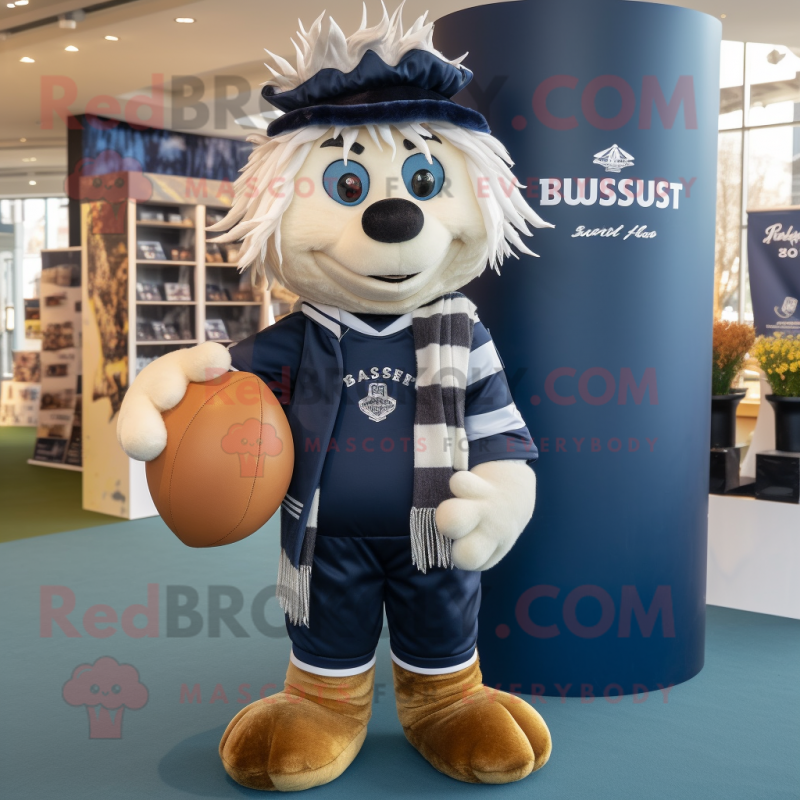 Navy Squash mascot costume character dressed with a Rugby Shirt and Scarves