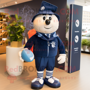 Navy Squash mascot costume character dressed with a Rugby Shirt and Scarves