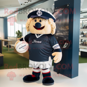 Navy Squash mascot costume character dressed with a Rugby Shirt and Scarves