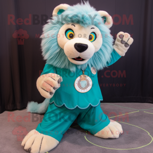 Teal Tamer Lion mascot costume character dressed with a Circle Skirt and Tie pins