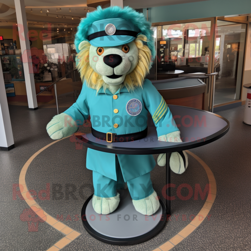 Teal Tamer Lion mascot costume character dressed with a Circle Skirt and Tie pins