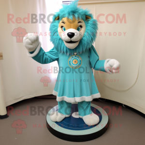 Teal Tamer Lion mascot costume character dressed with a Circle Skirt and Tie pins