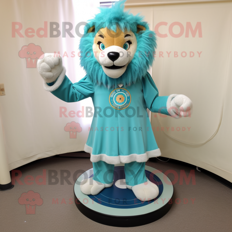 Teal Tamer Lion mascot costume character dressed with a Circle Skirt and Tie pins Teal Tamer Lion mascot costume character dressed with a Circle Skirt and Tie pins