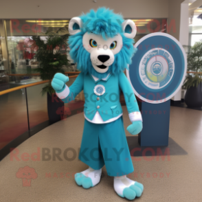 Teal Tamer Lion mascot costume character dressed with a Circle Skirt and Tie pins