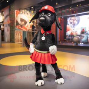 Black Dog mascot costume character dressed with a Mini Skirt and Beanies