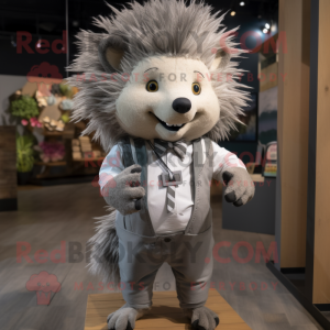 Gray Porcupine mascot costume character dressed with a Jeggings and Bow ties