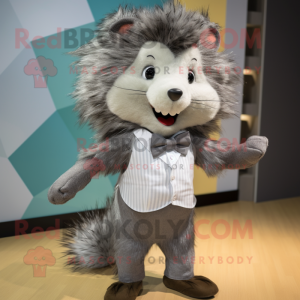 Gray Porcupine mascot costume character dressed with a Jeggings and Bow ties