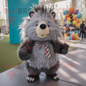 Gray Porcupine mascot costume character dressed with a Jeggings and Bow ties