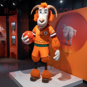 Orange Boer Goat mascot costume character dressed with a Rugby Shirt and Hairpins