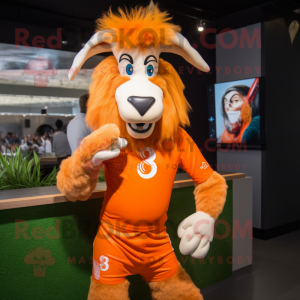 Orange Boer Goat mascot costume character dressed with a Rugby Shirt and Hairpins