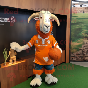Orange Boer Goat mascot costume character dressed with a Rugby Shirt and Hairpins