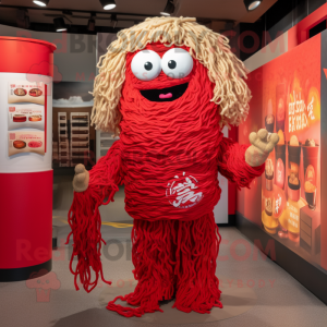 Red Ramen mascot costume character dressed with a Graphic Tee and Ties