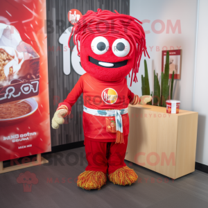 Red Ramen mascot costume character dressed with a Graphic Tee and Ties