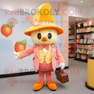 Peach Ray mascot costume character dressed with a Waistcoat and Handbags