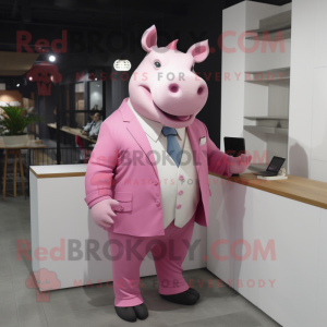 Pink Rhinoceros mascot costume character dressed with a Coat and Tie pins
