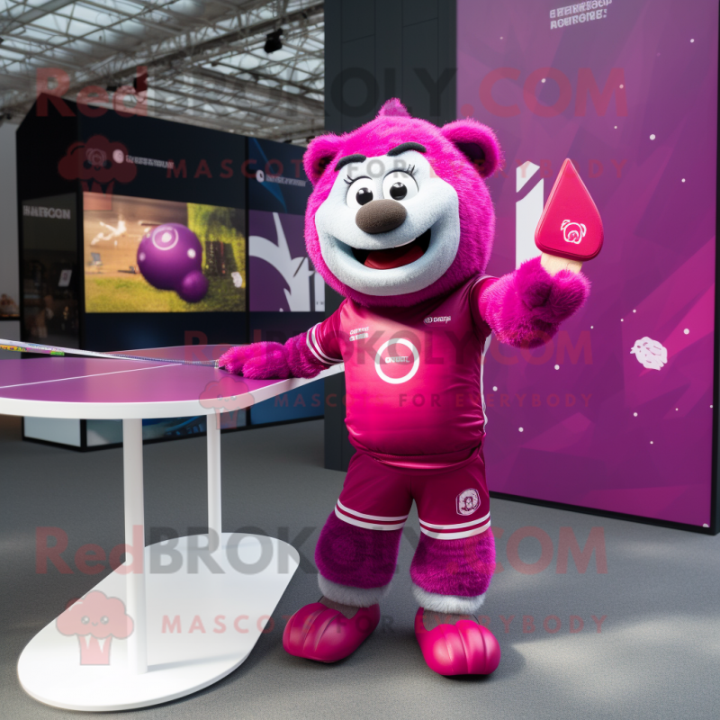 Magenta Ping Pong Table mascot costume character dressed with a Rugby Shirt and Foot pads Magenta Ping Pong Table mascot costume character dressed with a Rugby Shirt and Foot pads