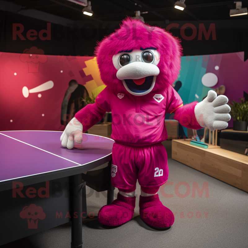 Magenta Ping Pong Table mascot costume character dressed with a Rugby Shirt and Foot pads Magenta Ping Pong Table mascot costume character dressed with a Rugby Shirt and Foot pads