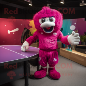 Magenta Ping Pong Table mascot costume character dressed with a Rugby Shirt and Foot pads