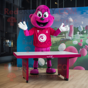 Magenta Ping Pong Table mascot costume character dressed with a Rugby Shirt and Foot pads