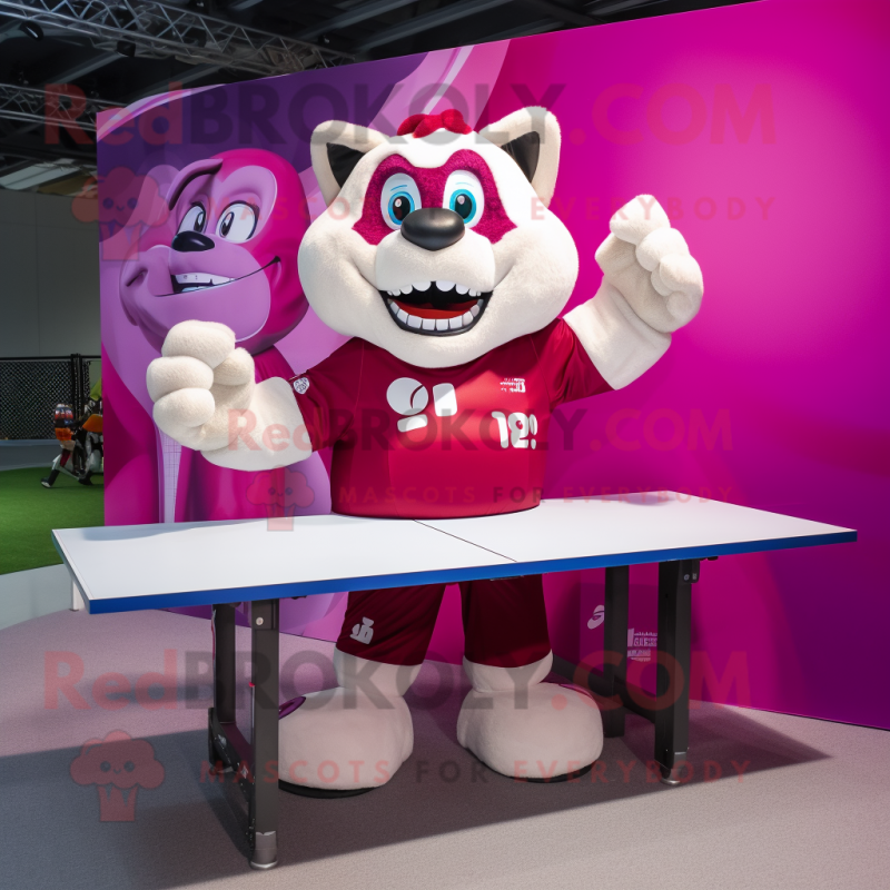 Magenta Ping Pong Table mascot costume character dressed with a Rugby Shirt and Foot pads Magenta Ping Pong Table mascot costume character dressed with a Rugby Shirt and Foot pads