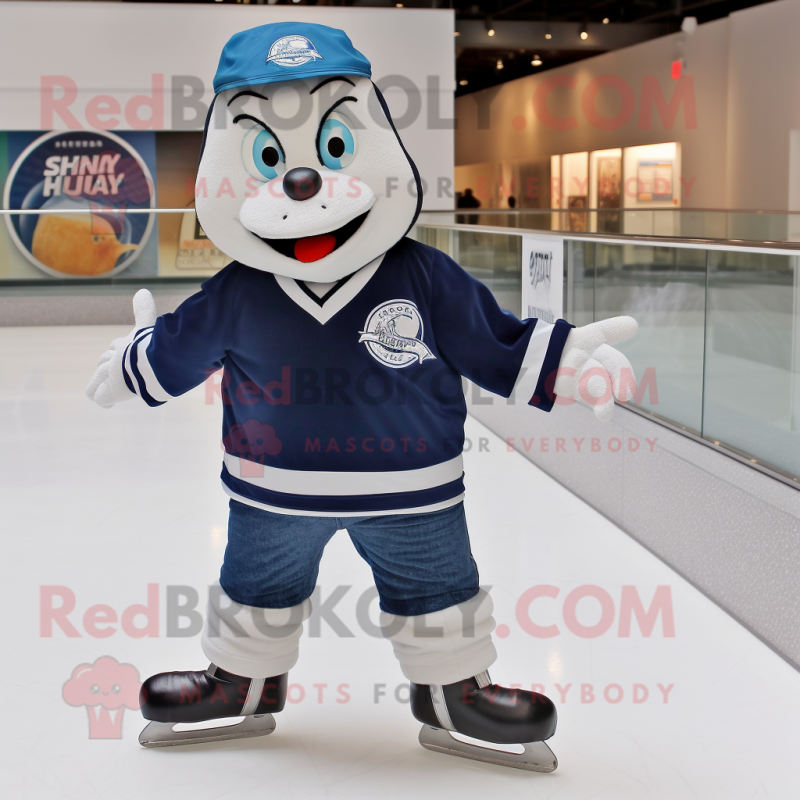 Navy Pair Of Ice Skates mascot costume character dressed with a Button-Up Shirt and Scarves Navy Pair Of Ice Skates mascot costume character dressed with a Button-Up Shirt and Scarves