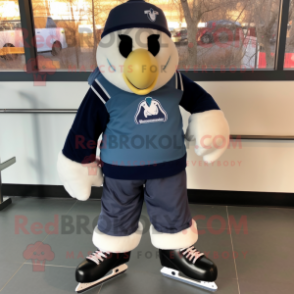 Navy Pair Of Ice Skates mascot costume character dressed with a Button-Up Shirt and Scarves