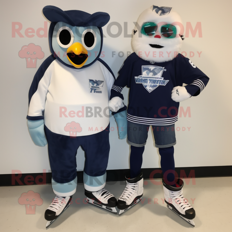 Navy Pair Of Ice Skates mascot costume character dressed with a Button-Up Shirt and Scarves
