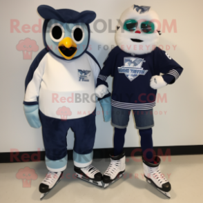 Navy Pair Of Ice Skates mascot costume character dressed with a Button-Up Shirt and Scarves