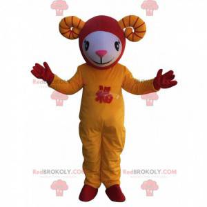 Mascotte de mouton blanc, jaune et rouge en tenue asiatique -