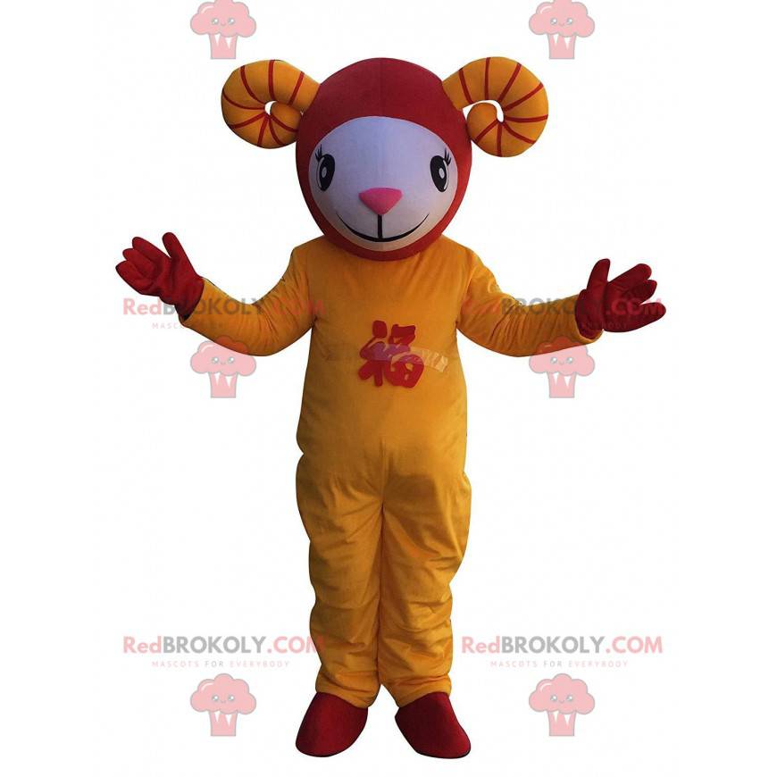 White, yellow and red sheep mascot in Asian dress -