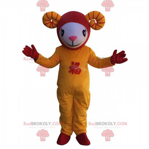 White, yellow and red sheep mascot in Asian dress -