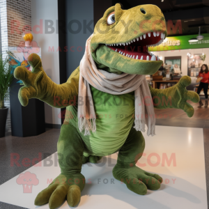 Olive Tyrannosaurus mascot costume character dressed with a Skirt and Scarves