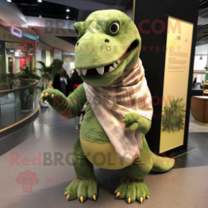 Olive Tyrannosaurus mascot costume character dressed with a Skirt and Scarves