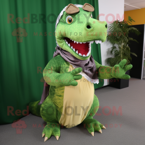 Olive Tyrannosaurus mascot costume character dressed with a Skirt and Scarves
