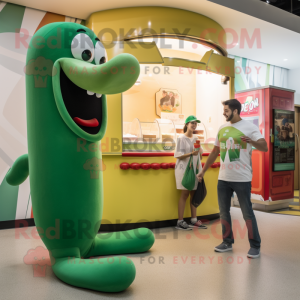 Green Hot Dog mascot costume character dressed with a Henley Tee and Watches